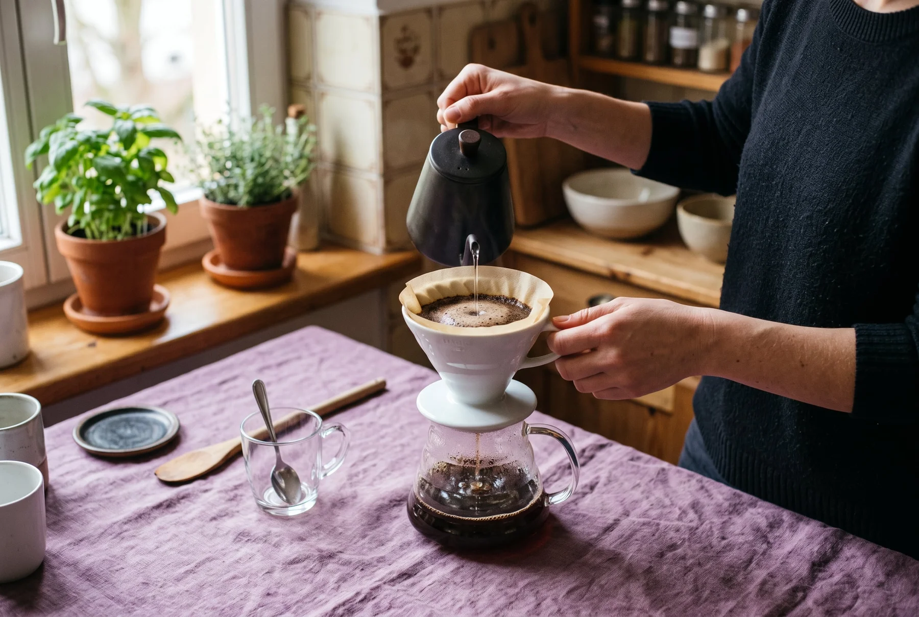 Kaffee wird mit einem Keramik-Handfilter zubereitet.